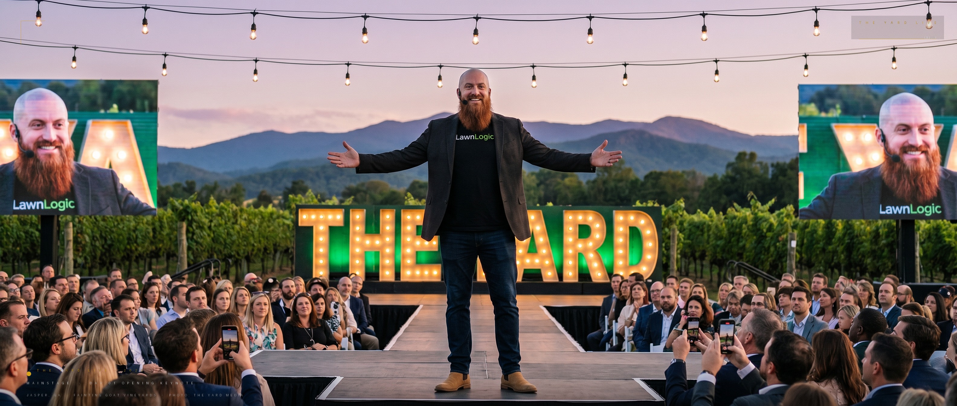 Concept treatment: Founder Dusty Broadhead opening THE YARD on the mainstage, arms wide, illuminated THE YARD sign and packed crowd at sunset with Blue Ridge mountains behind.