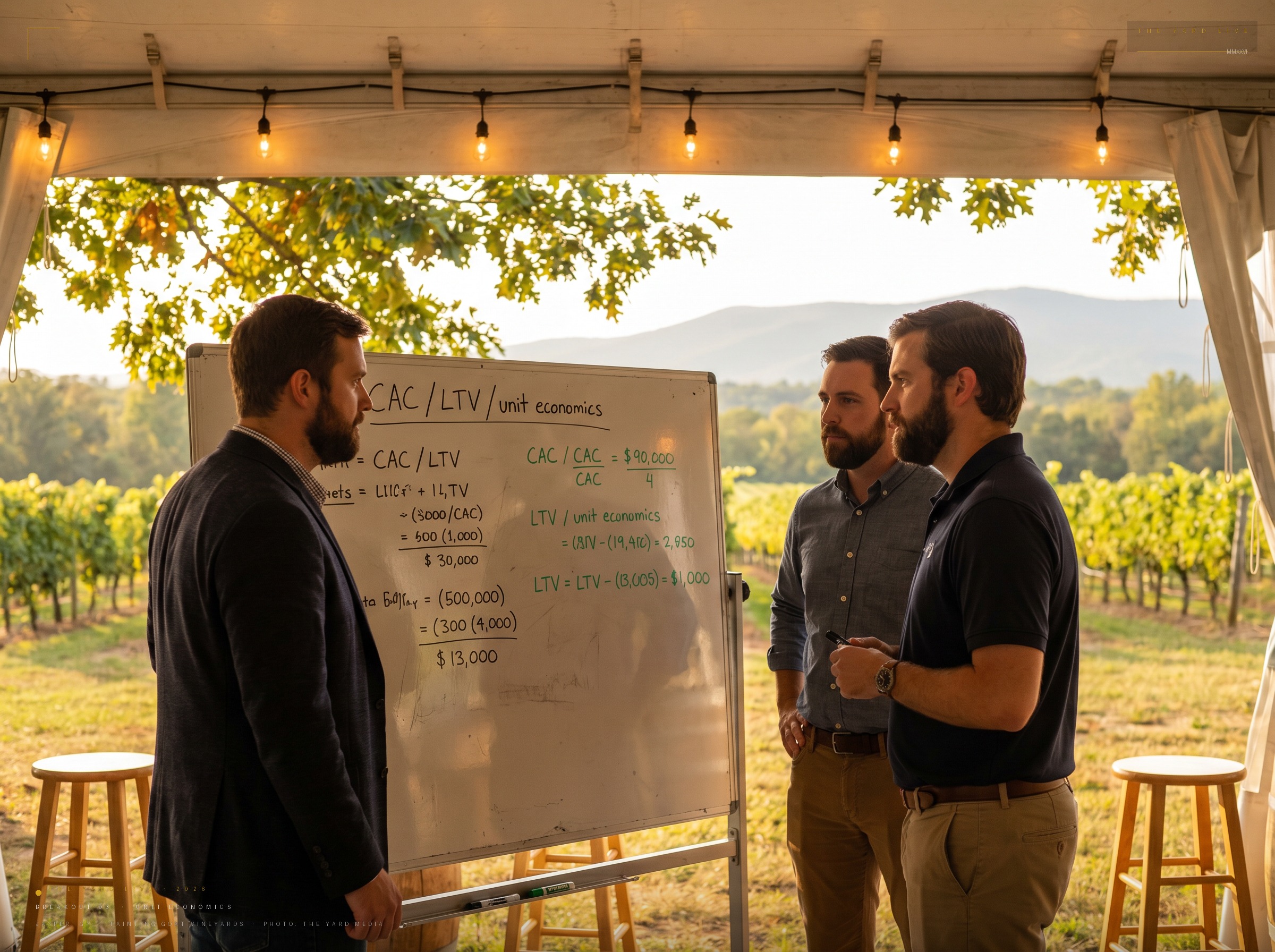 Three founders. One whiteboard. Real CAC math. No decks. First-year attendees get a seat at every table.
