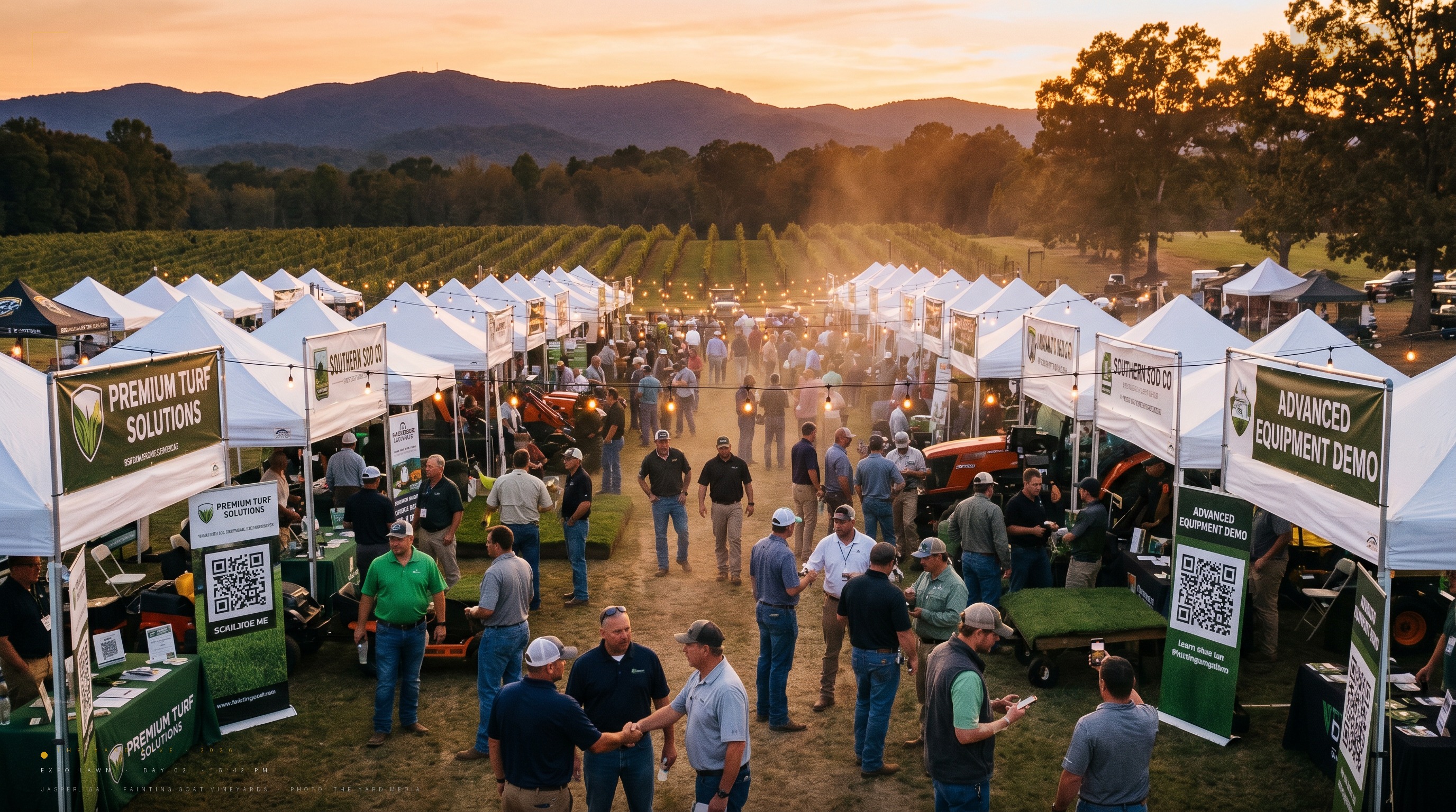40+ tents pitched across the working vineyard. Year One exhibitor list is being curated now — only category-relevant brands.