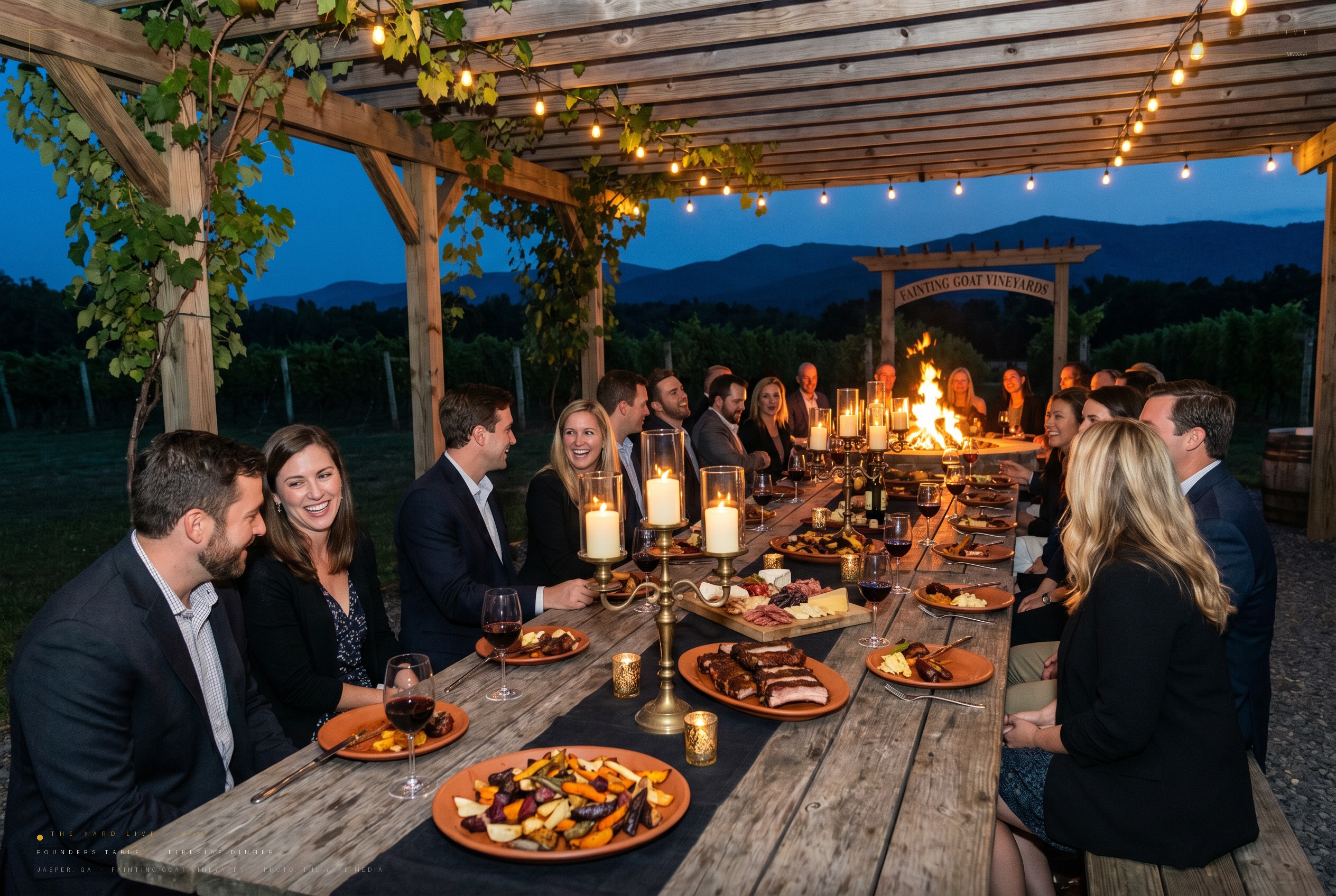 Invite-only fireside dinner under the pergola. 30 seats. 30 operators. Year One founders get permanent invites.